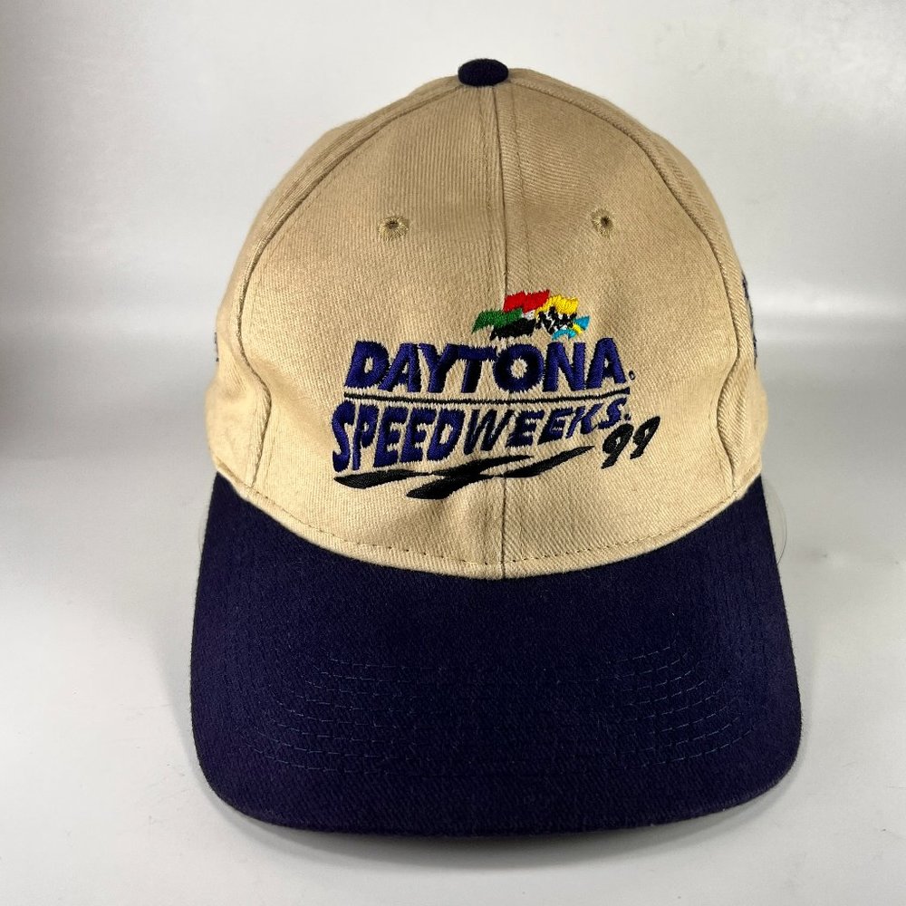 Vtg Daytona Speedweek NASCAR Strap Back Cap Hat Racing Blue Kudzu Mens 90s